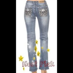 Platinum Plush Skull Crossbones Rhinestone Jeans NWT